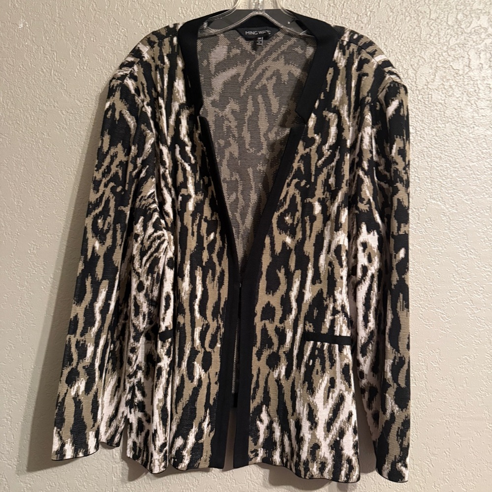 Ming Wang Black, Cream and Olive Animal Print Open Cardigan